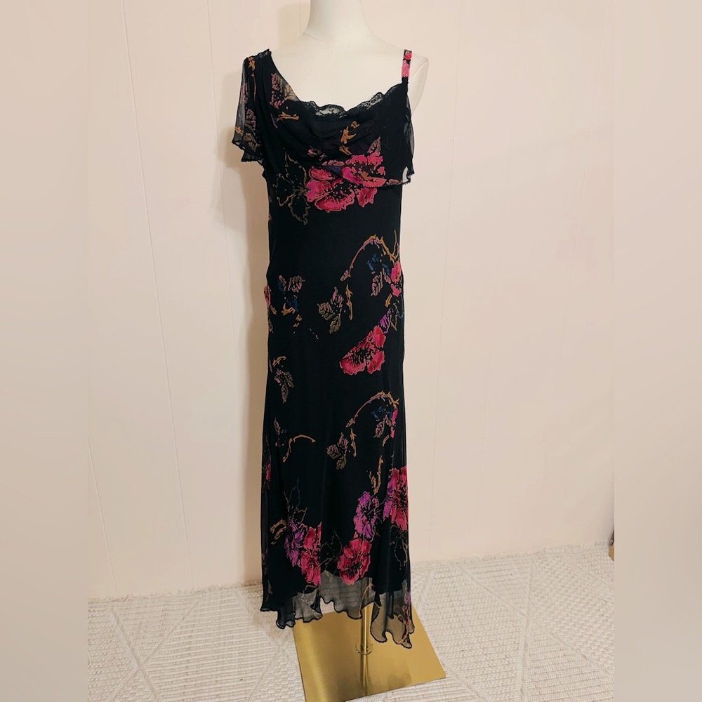 90’s Y2K ICE women’s 100% silk sheer lined Black Floral Slip beaded Dress Size14